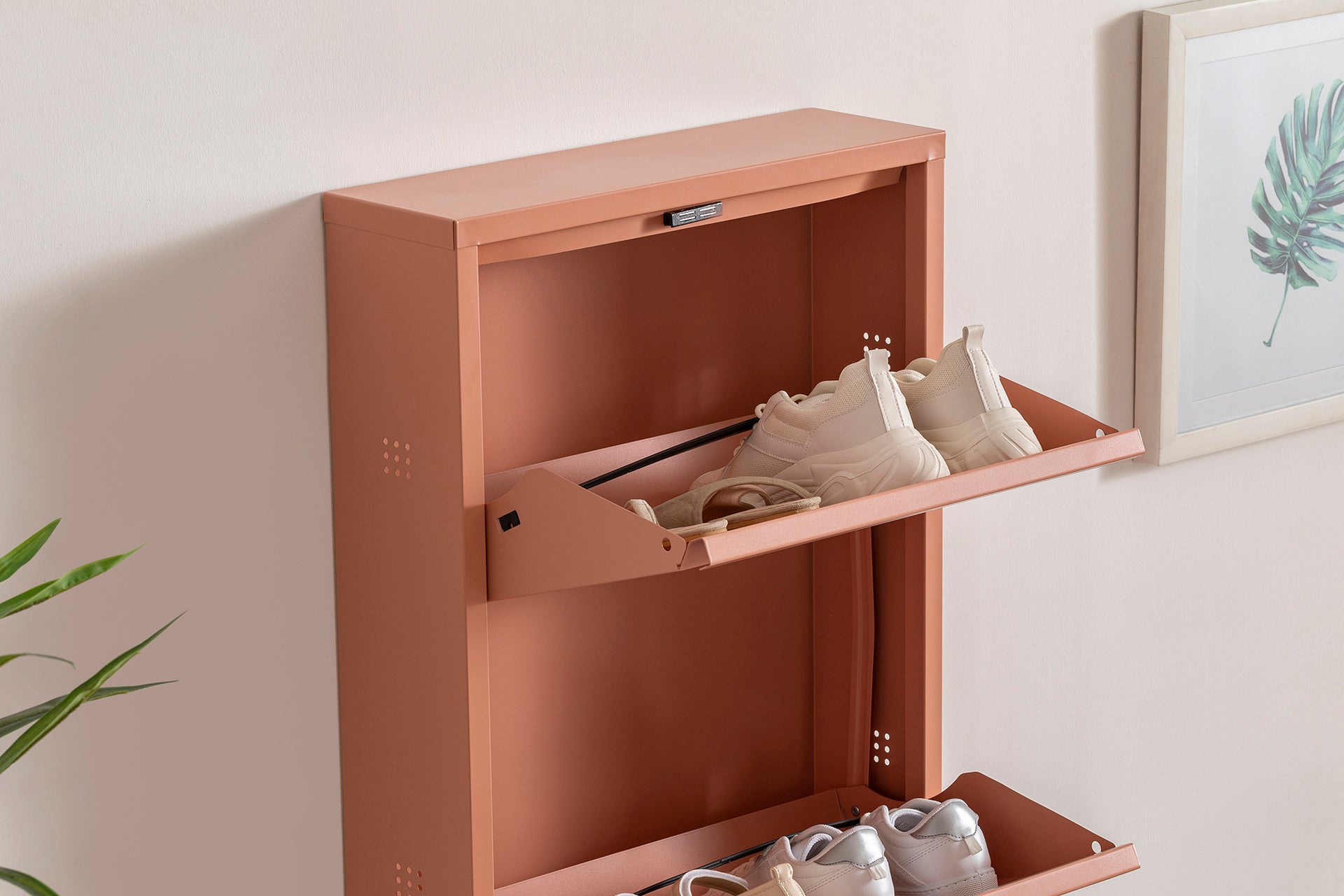 3 Shelves Metal Shoe Storage Cabinet Powder Color