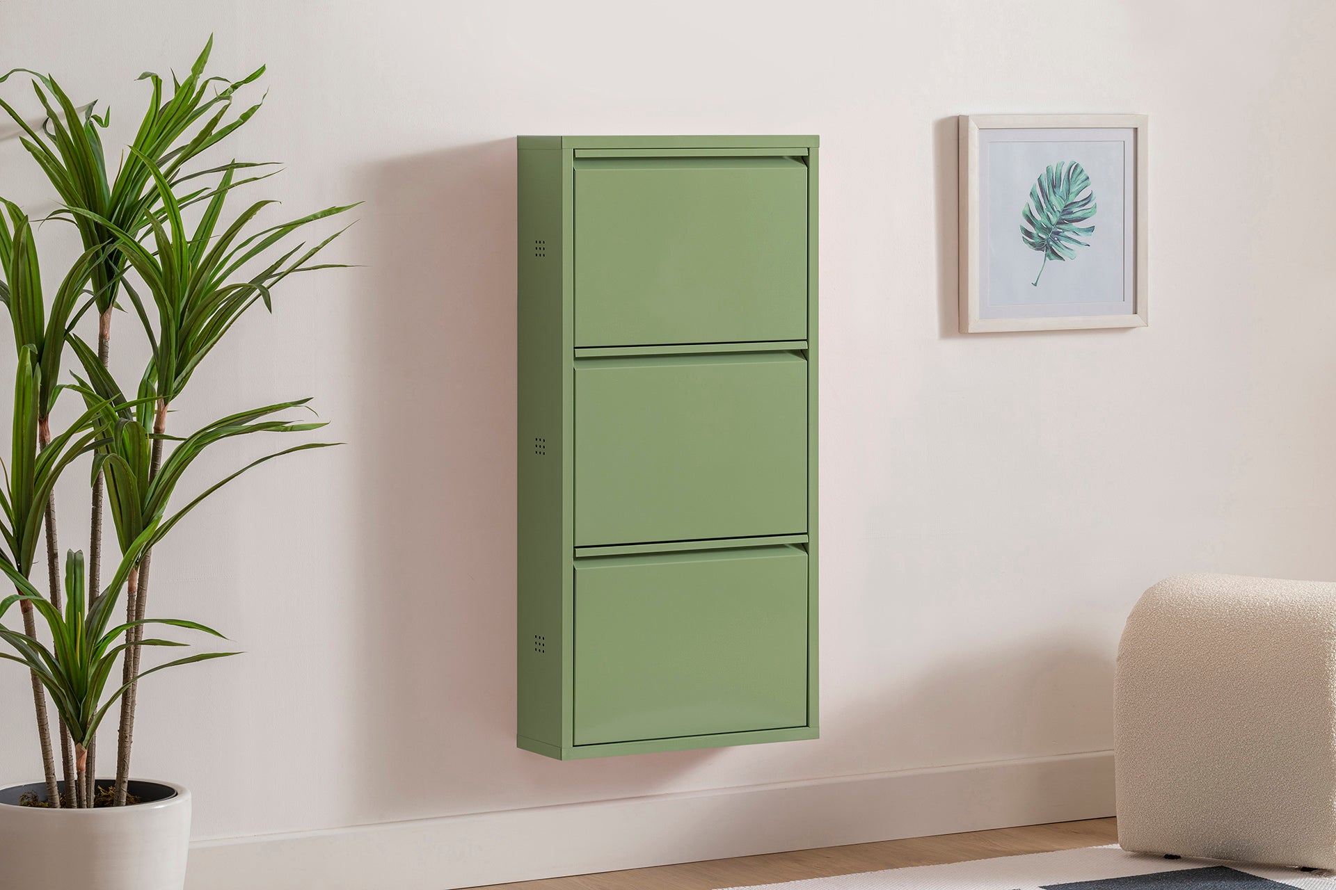 3 Shelves Metal Shoe Storage Cabinet Green