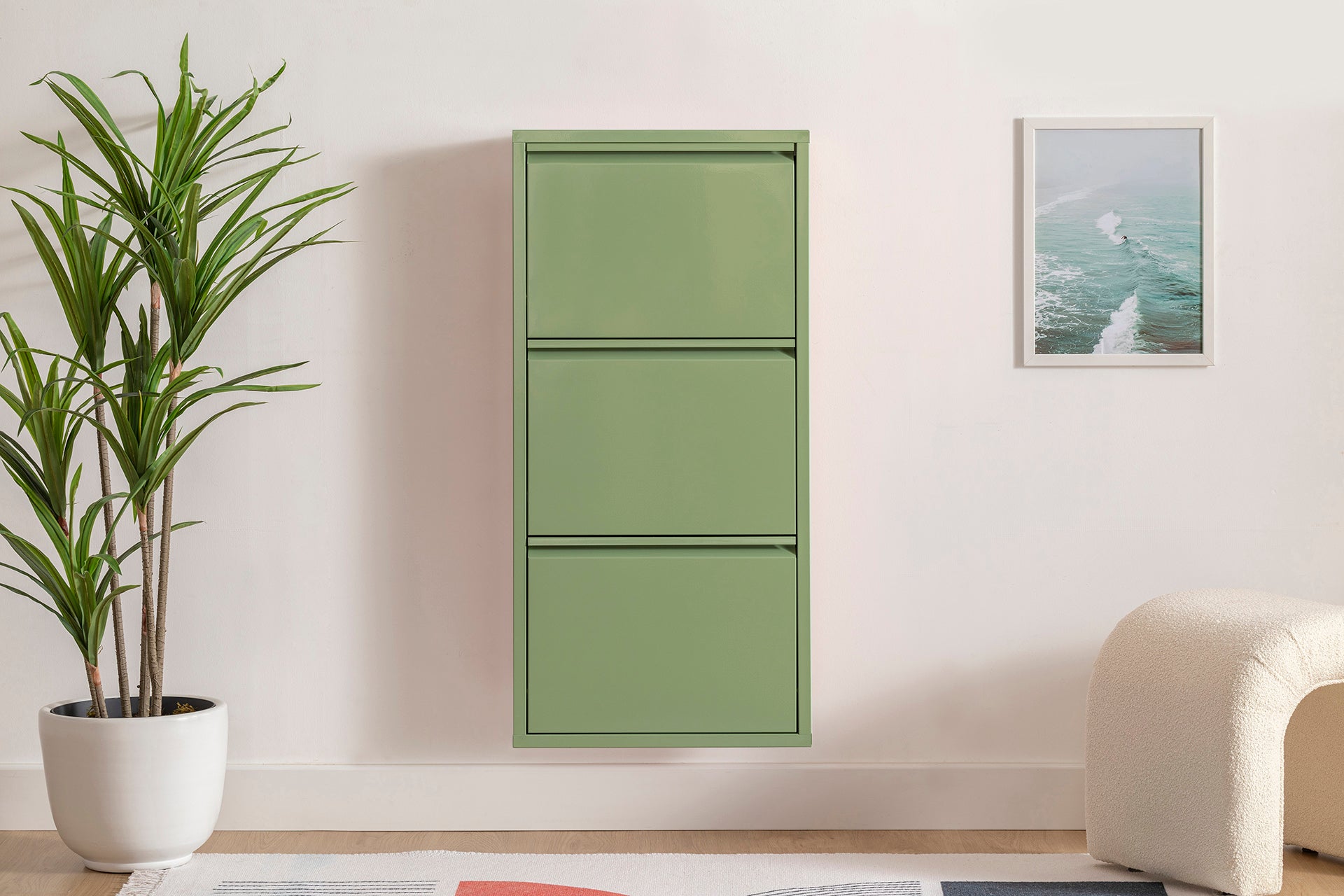 3 Shelves Metal Shoe Storage Cabinet Green