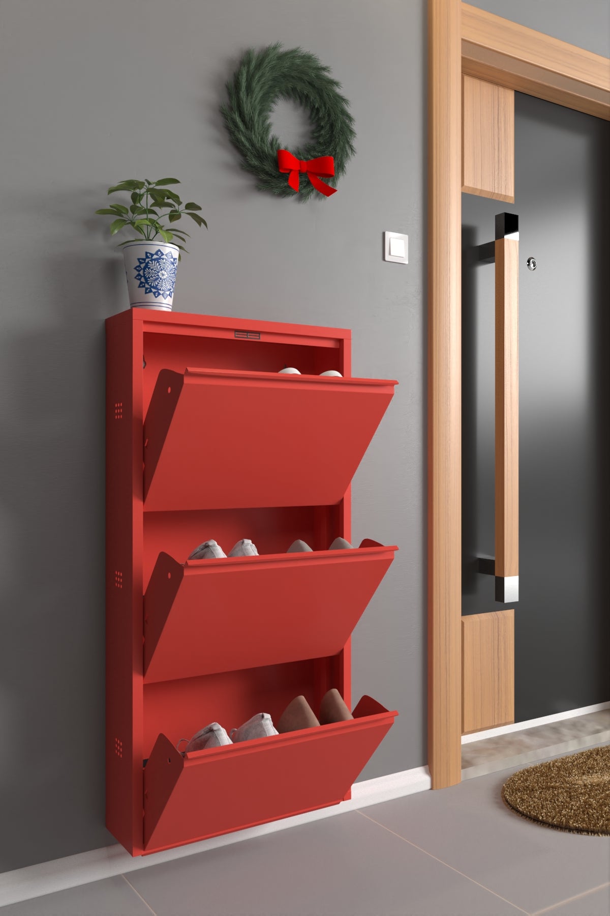 3 Shelves Metal Shoe Storage Cabinet Red