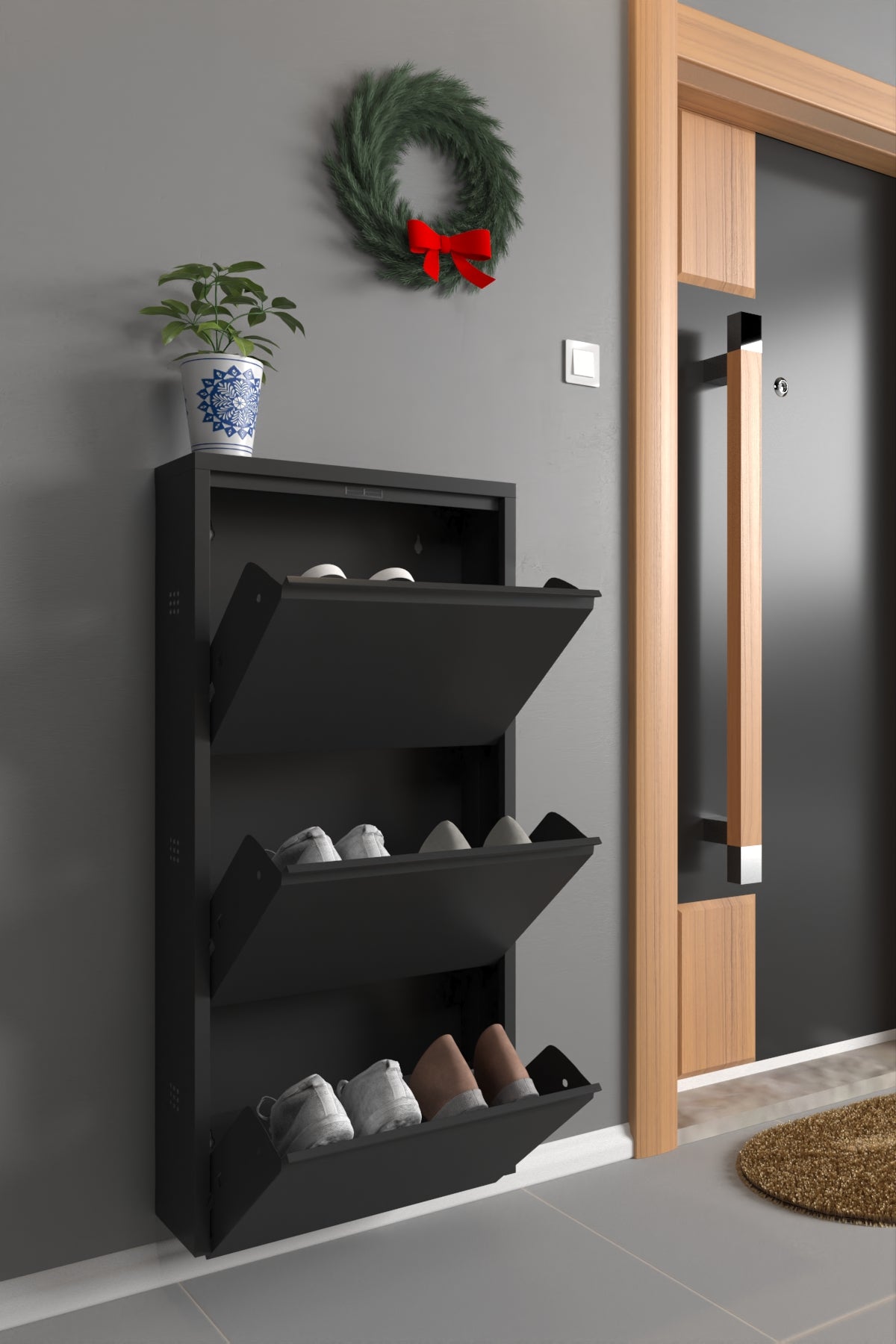 3 Shelves Metal Shoe Storage Cabinet Black