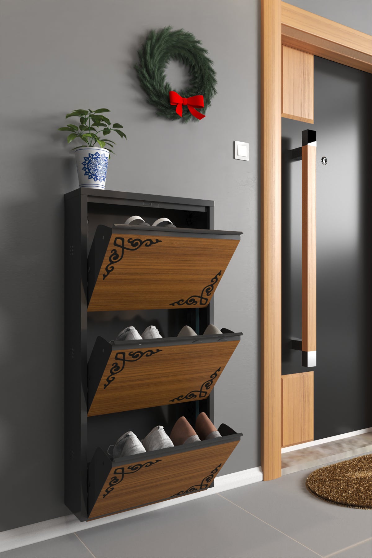 Wooden 3 Shelves Shoe Cabinet Black