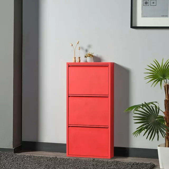 3 Shelves Metal Shoe Storage Cabinet Red