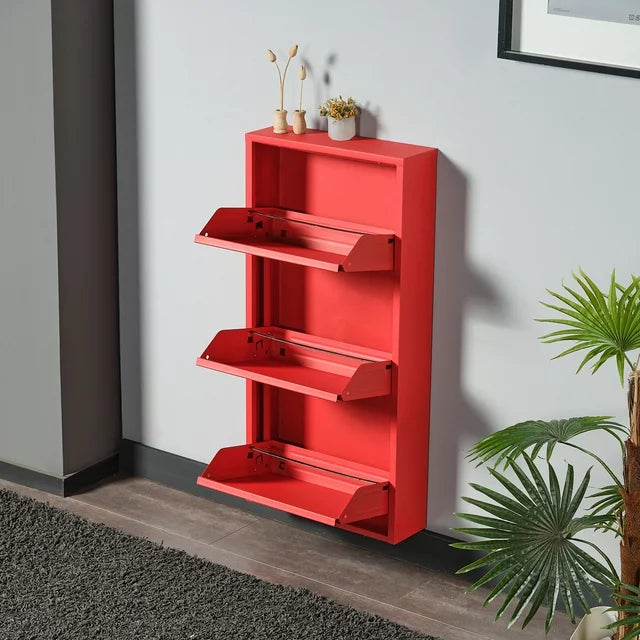 3 Shelves Metal Shoe Storage Cabinet Red